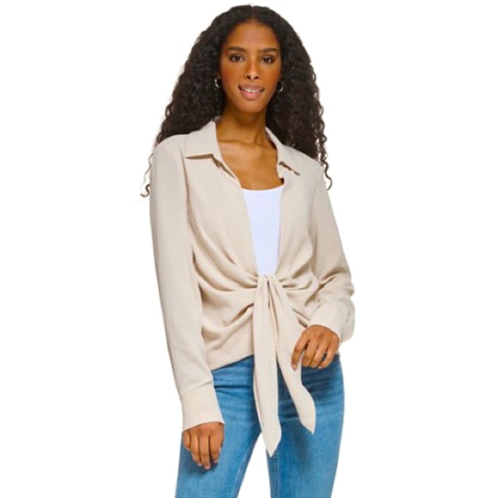 NWT! Calvin Klein Long Sleeve Tie Front Collared Shirt in Small, Oatmeal (tan)